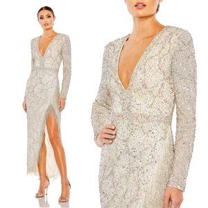 MAC DUGGAL EMBELLISHED LONG SLEEVE V NECK BEADED HEM GOWN #5741